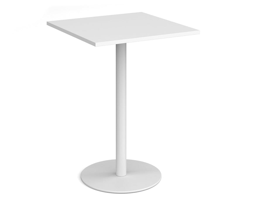 Monza square poseur table with flat round brushed steel base