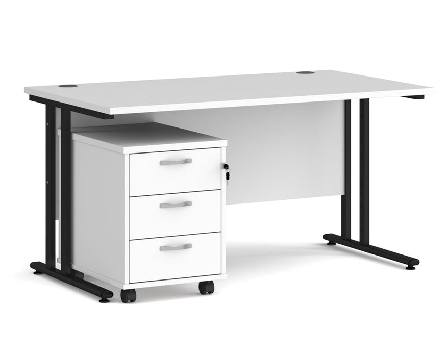 Maestro 25 - Straight Desk with 3 Drawer Pedestal - Black Frame.