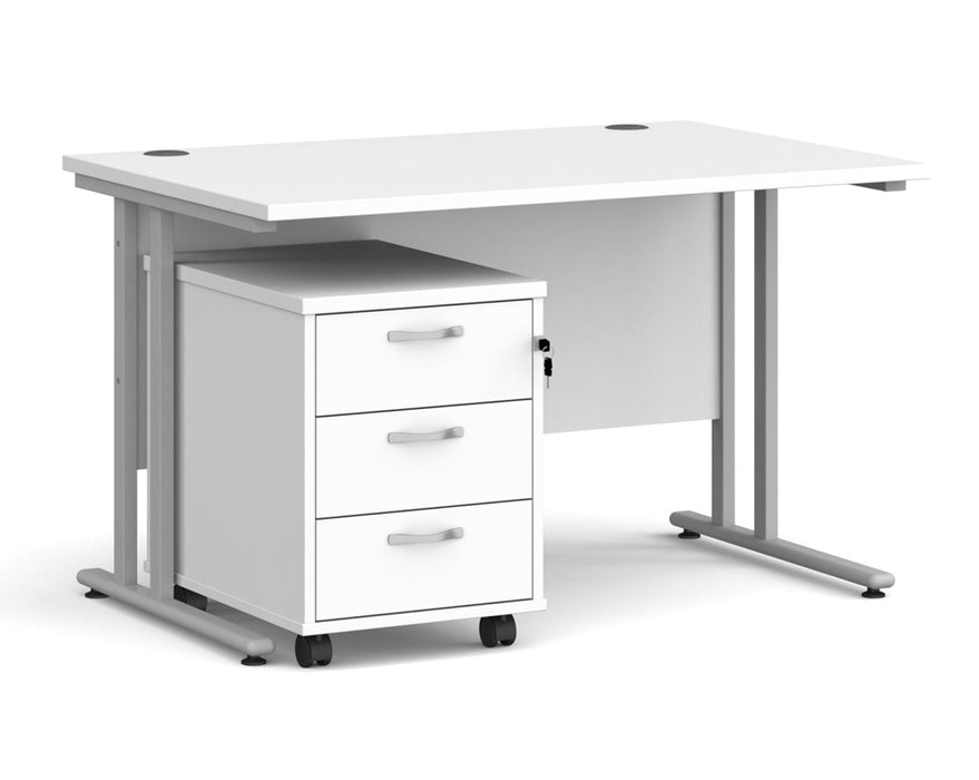 Maestro 25 - Straight Desk with 3 Drawer Pedestal - Silver Frame.