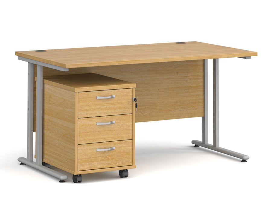 Maestro 25 - Straight Desk with 3 Drawer Pedestal - Silver Frame.