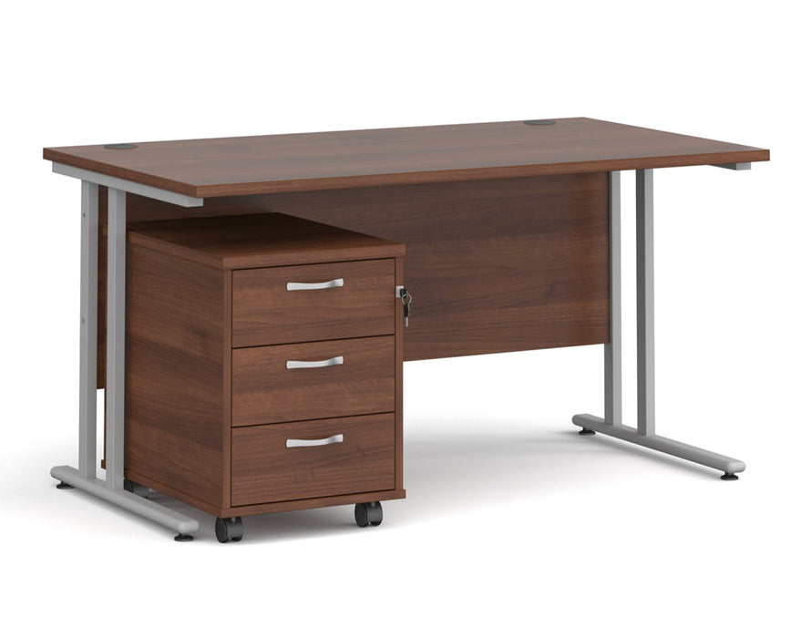 Maestro 25 - Straight Desk with 3 Drawer Pedestal - Silver Frame.