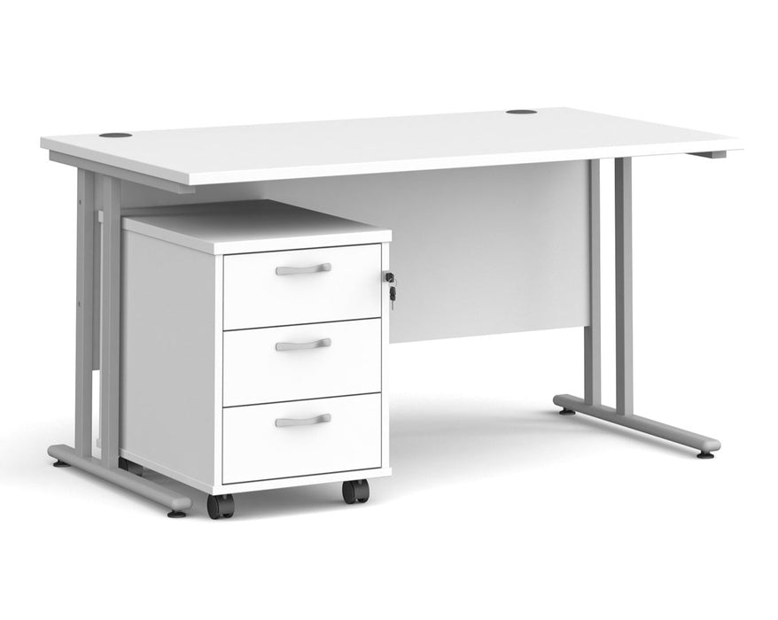 Maestro 25 - Straight Desk with 3 Drawer Pedestal - Silver Frame.