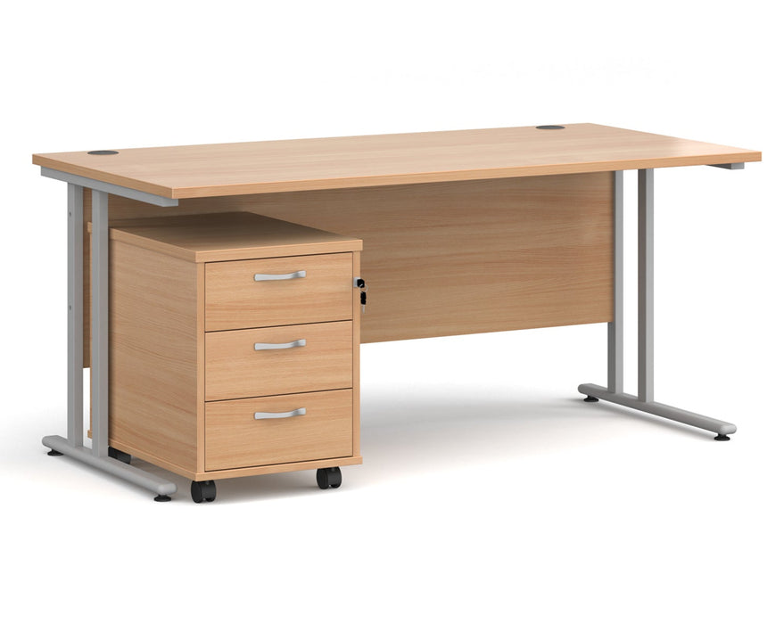 Maestro 25 - Straight Desk with 3 Drawer Pedestal - Silver Frame.