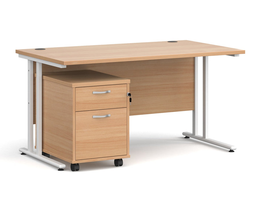 Maestro 25 - Straight Desk with 2 Drawer Pedestal - White Frame.