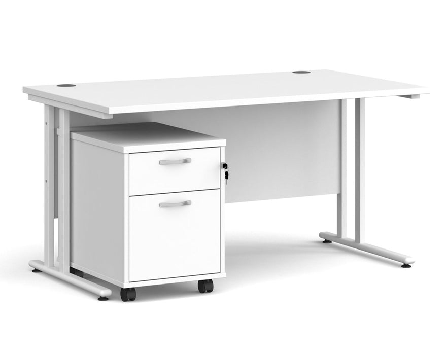 Maestro 25 - Straight Desk with 2 Drawer Pedestal - White Frame.