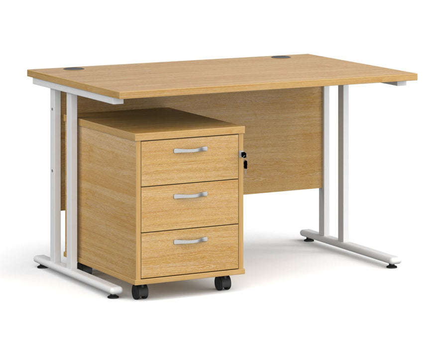 Maestro 25 - Straight Desk with 3 Drawer Pedestal - White Frame.