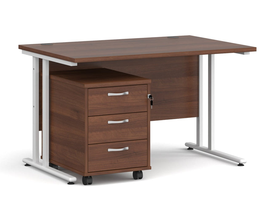 Maestro 25 - Straight Desk with 3 Drawer Pedestal - White Frame.