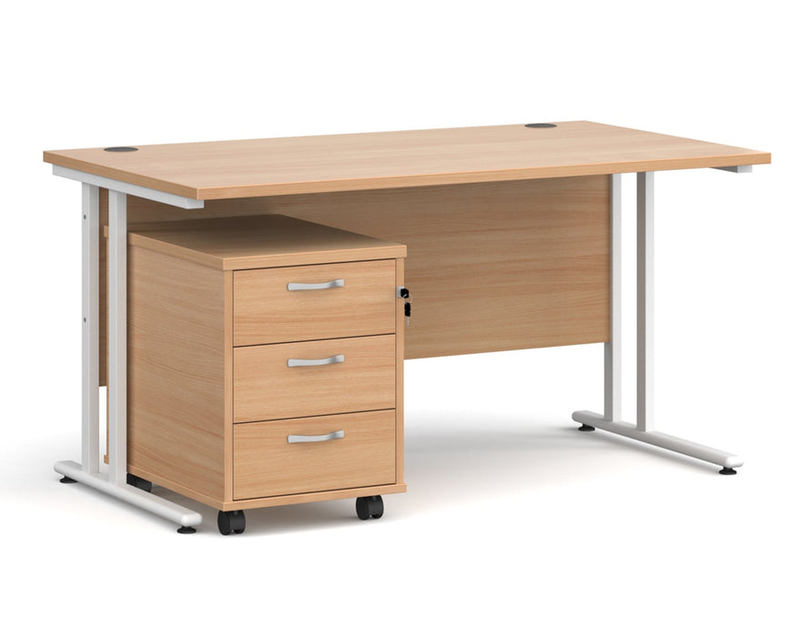 Maestro 25 - Straight Desk with 3 Drawer Pedestal - White Frame.