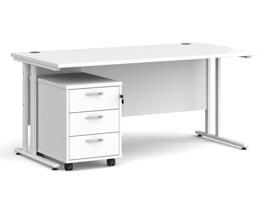 Maestro 25 - Straight Desk with 3 Drawer Pedestal - White Frame.